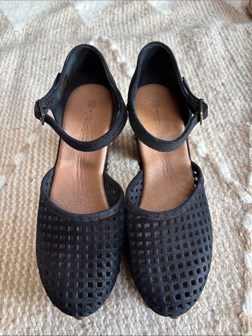 Eric Michael Gigi Black Suede Wooden Platform Clog.